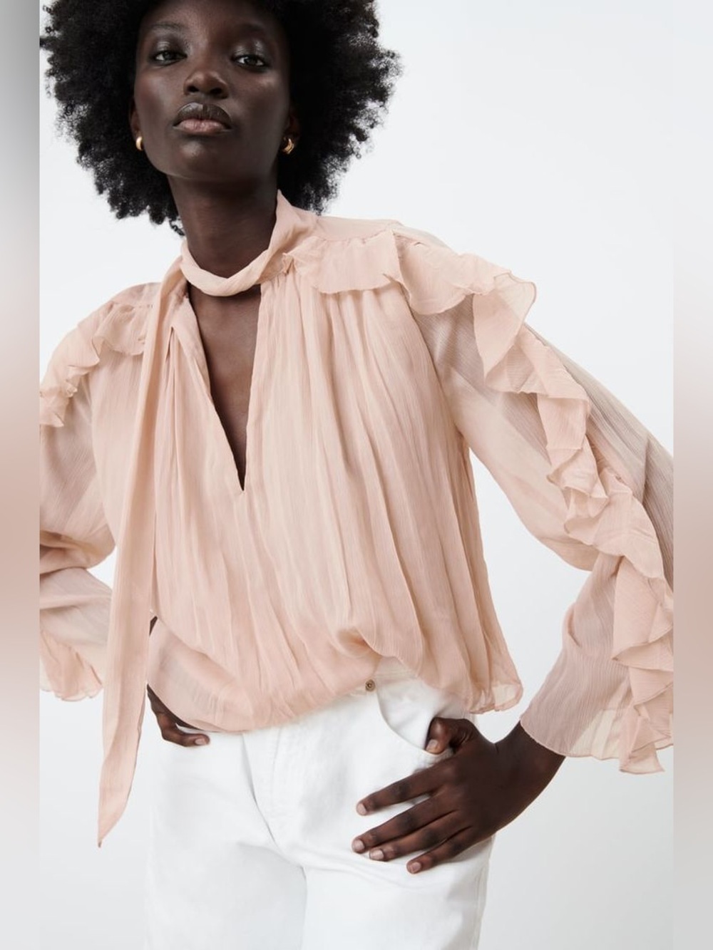 Zara Pale Blush Ruffle Sleeve V-Neck Blouse